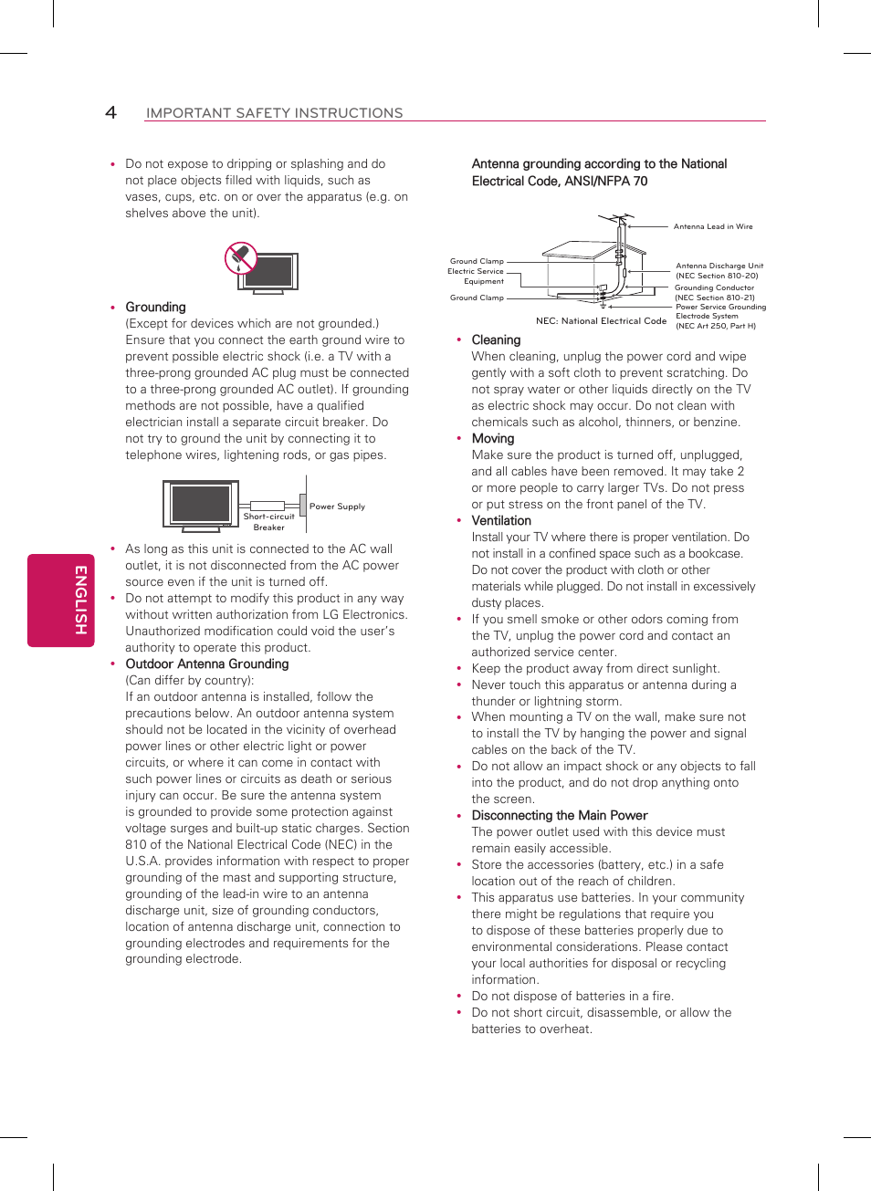 English, Short-circuit breaker power supply | LG 84LM9600 User Manual | Page 4 / 52