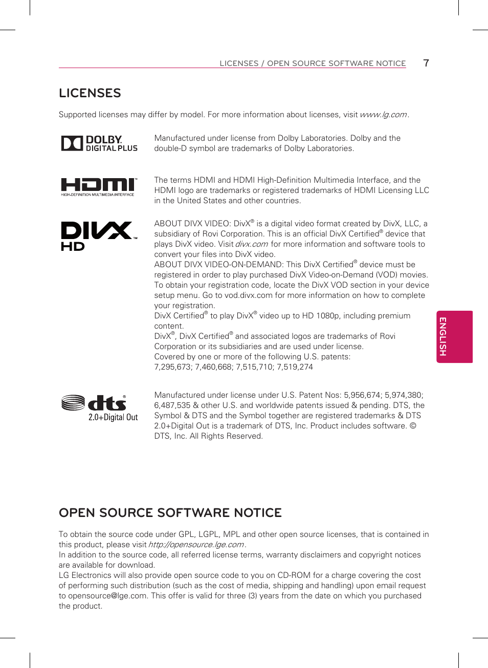 Licenses, Open source software notice | LG 84LM9600 User Manual | Page 7 / 52