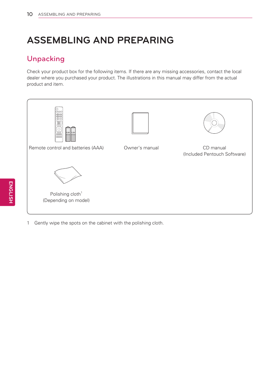 Assembling and preparing, Unpacking, 10 assembling and preparing | English | LG 60PV490 User Manual | Page 10 / 123