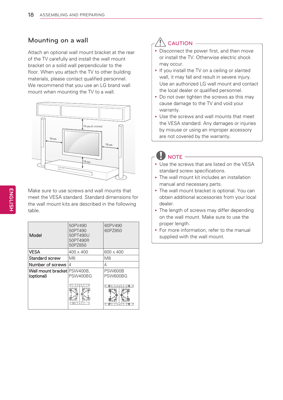 Mounting on a wall | LG 60PV490 User Manual | Page 18 / 123