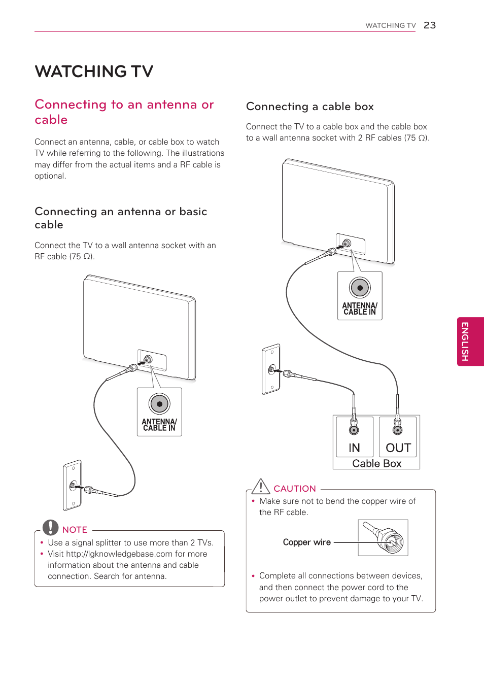 Watching tv, Connecting to an antenna or cable, Connecting an antenna or basic cable | Connecting a cable box, 23 watching tv | LG 60PV490 User Manual | Page 23 / 123