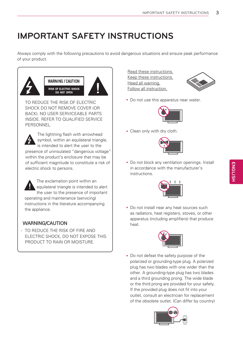 Important safety instructions | LG 60PV490 User Manual | Page 3 / 123