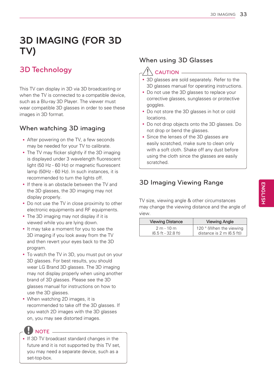 3d imaging (for 3d tv), 3d technology, When watching 3d imaging | When using 3d glasses, 3d imaging viewing range, 33 3d imaging (for 3d tv), See p.33) | LG 60PV490 User Manual | Page 33 / 123