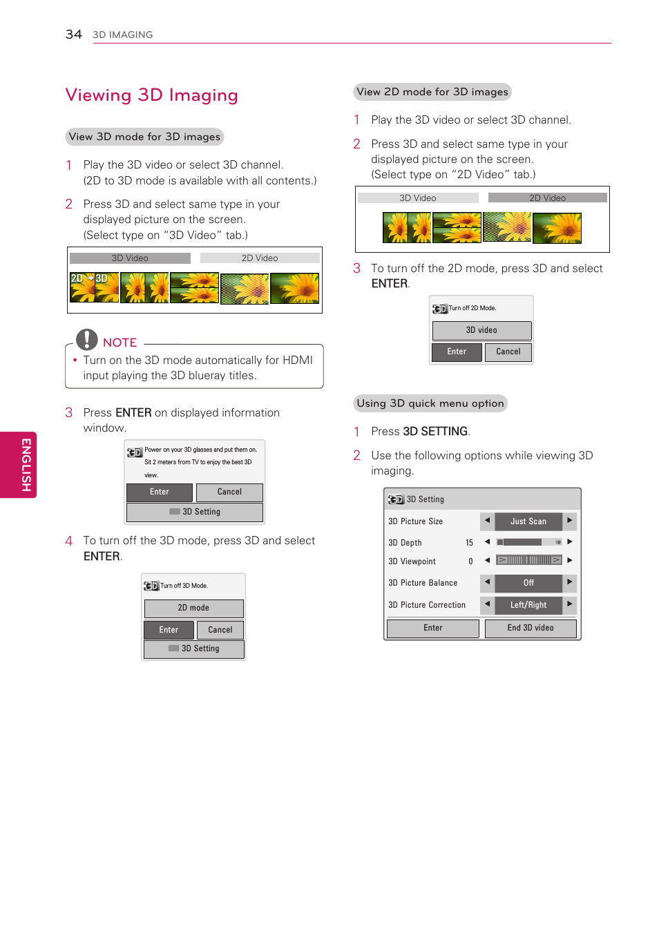 Viewing 3d imaging, See p.34) | LG 60PV490 User Manual | Page 34 / 123