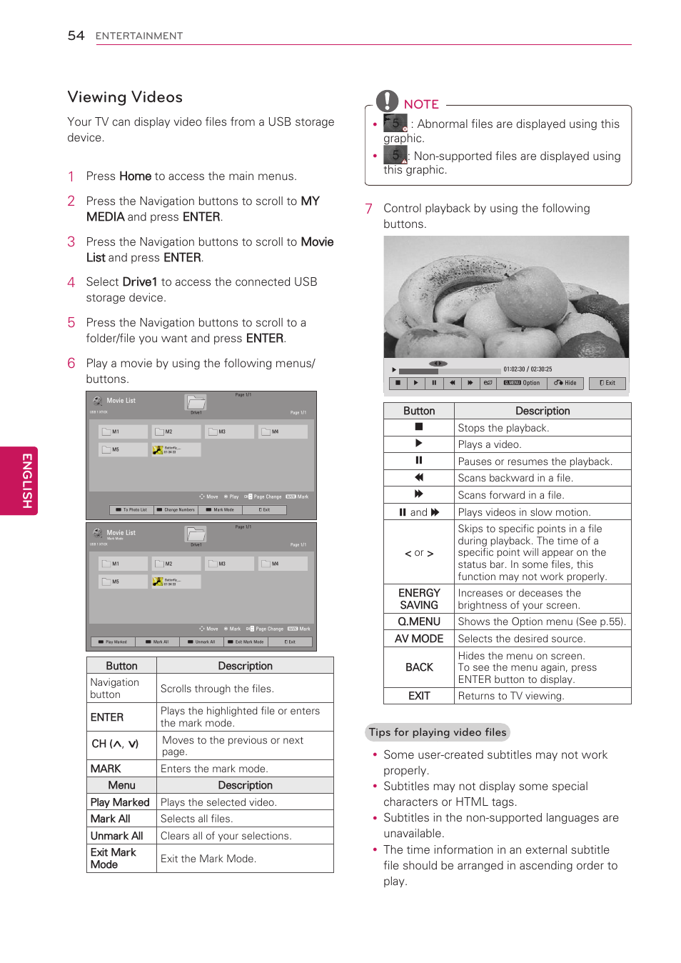 Viewing videos, English | LG 60PV490 User Manual | Page 54 / 123