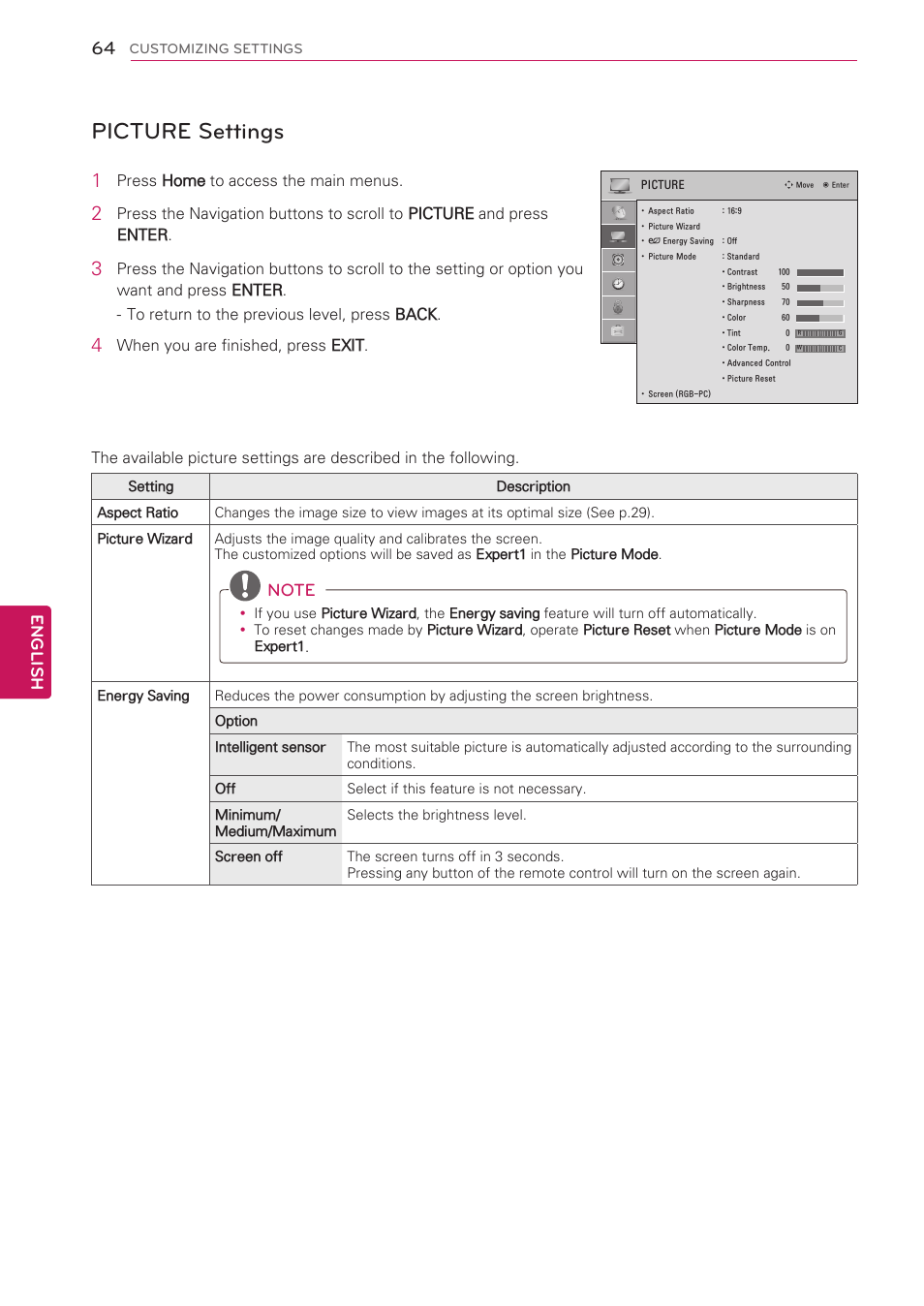Picture settings, See p.64), English | LG 60PV490 User Manual | Page 64 / 123