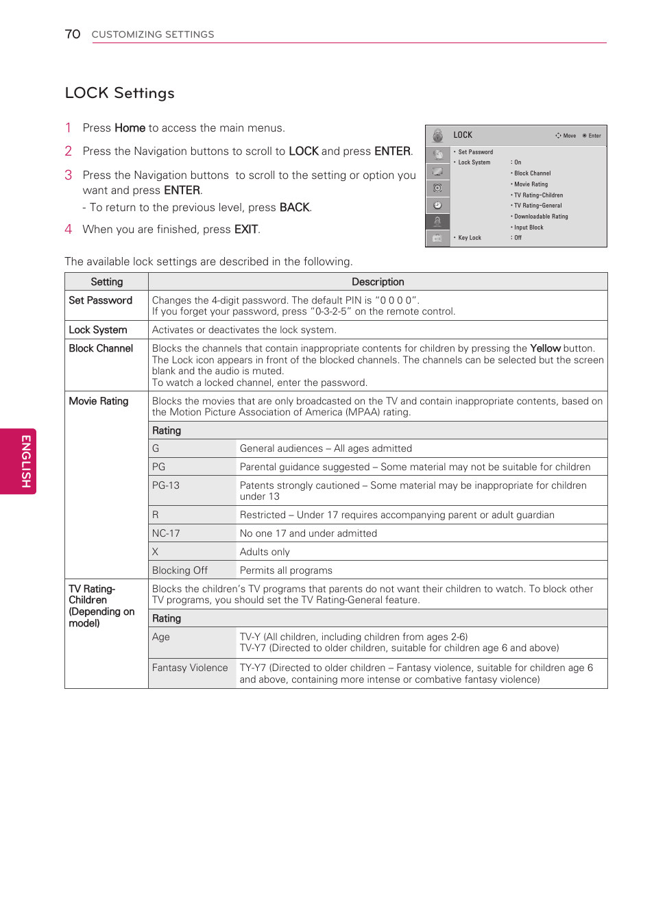 Lock settings, See p.70), English | LG 60PV490 User Manual | Page 70 / 123