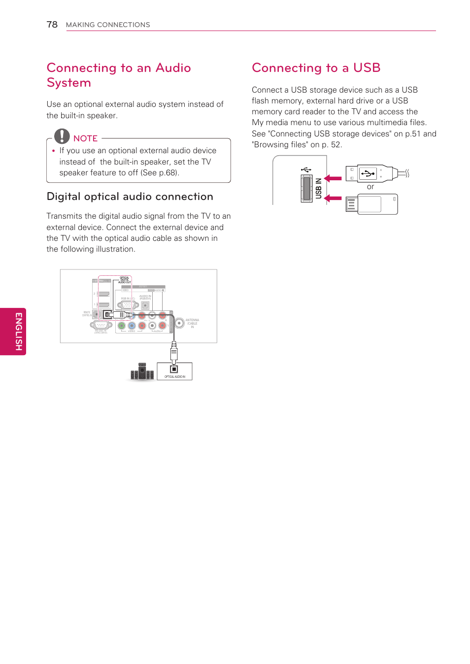 Connecting to an audio system, Digital optical audio connection, Connecting to a usb | Digital – see p.78, Age – see p.78, Eader – see p.78, English, L/ mo no r audi o a vid eo us b in in 3 usb in, Making connections, Av in 2 | LG 60PV490 User Manual | Page 78 / 123