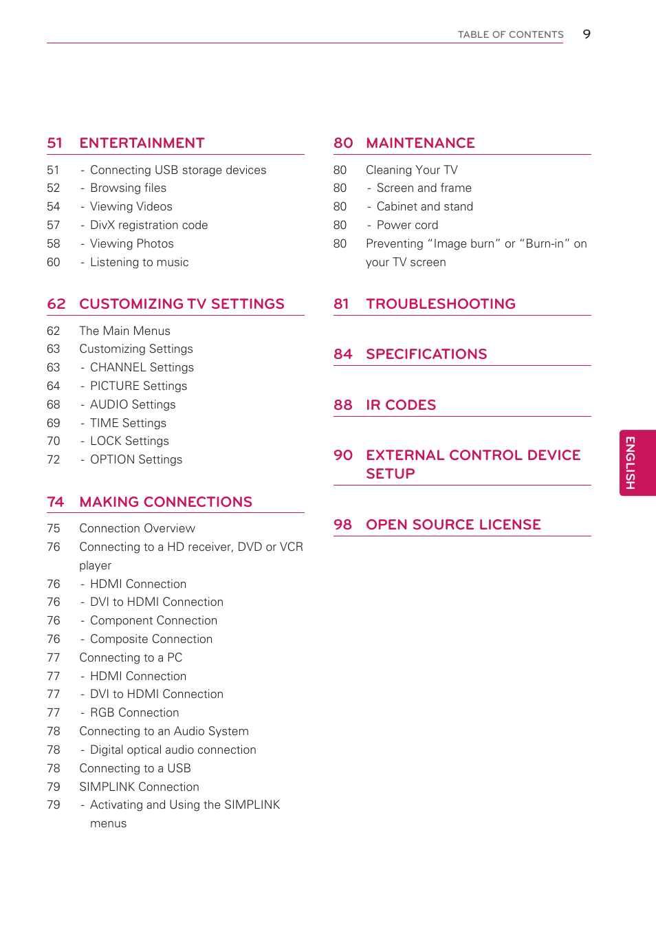 51 entertainment, 62 customizing tv settings, 74 making connections | 80 maintenance | LG 60PV490 User Manual | Page 9 / 123