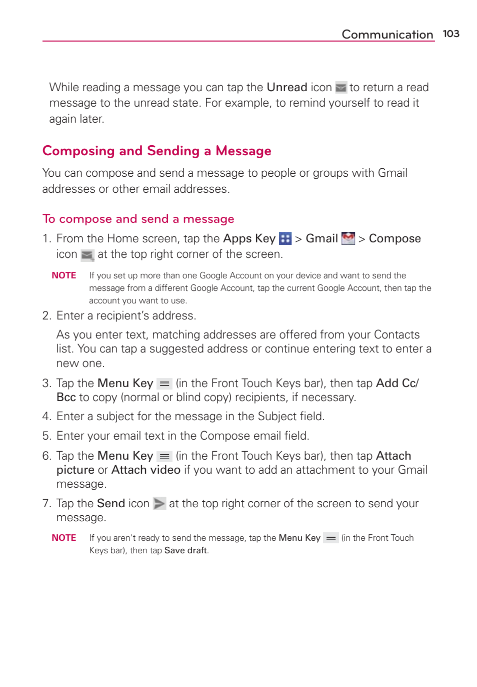 Composing and sending a message, Communication | LG VS980 User Manual | Page 105 / 235