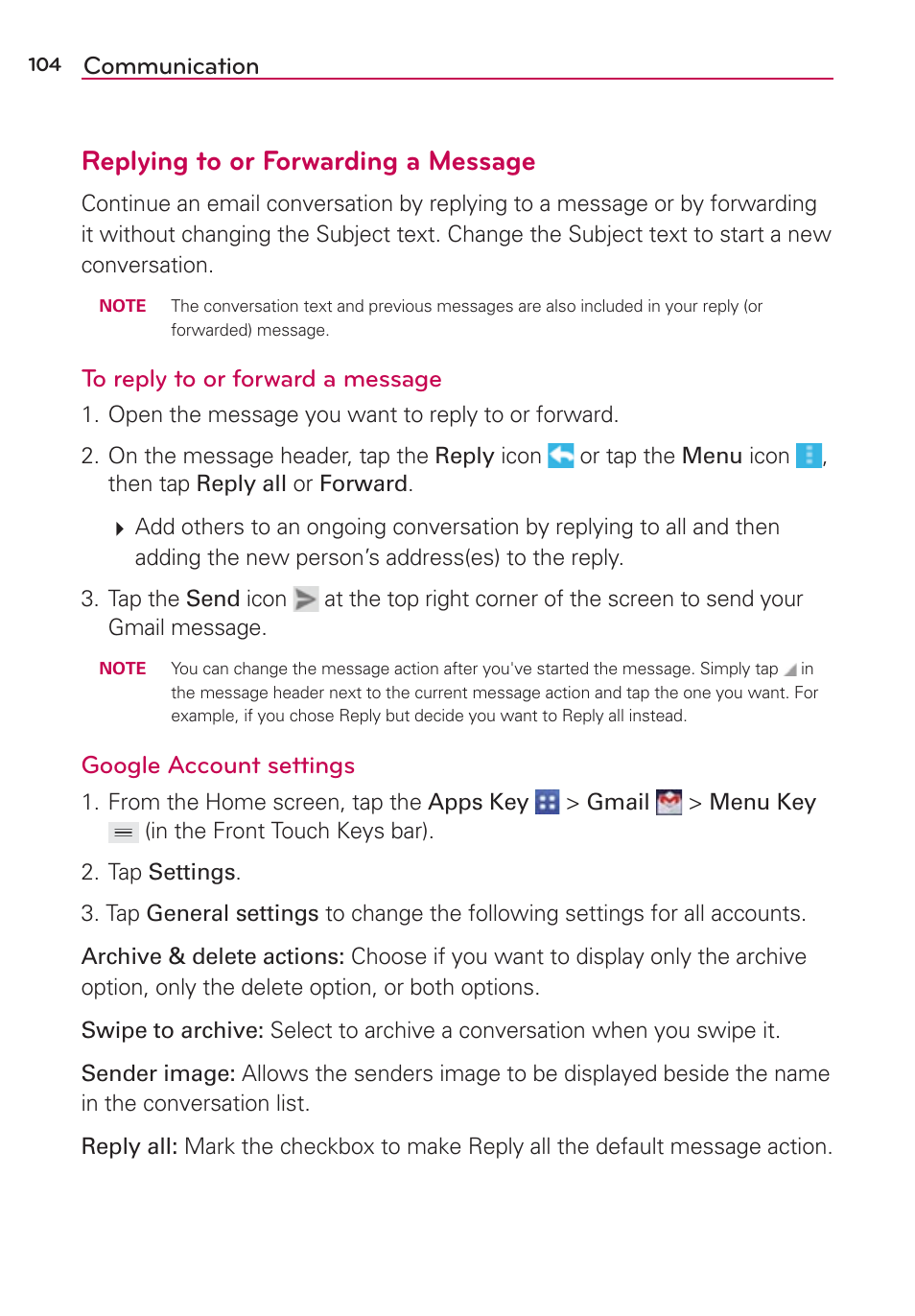 Replying to or forwarding a message, Communication, Google account settings | LG VS980 User Manual | Page 106 / 235