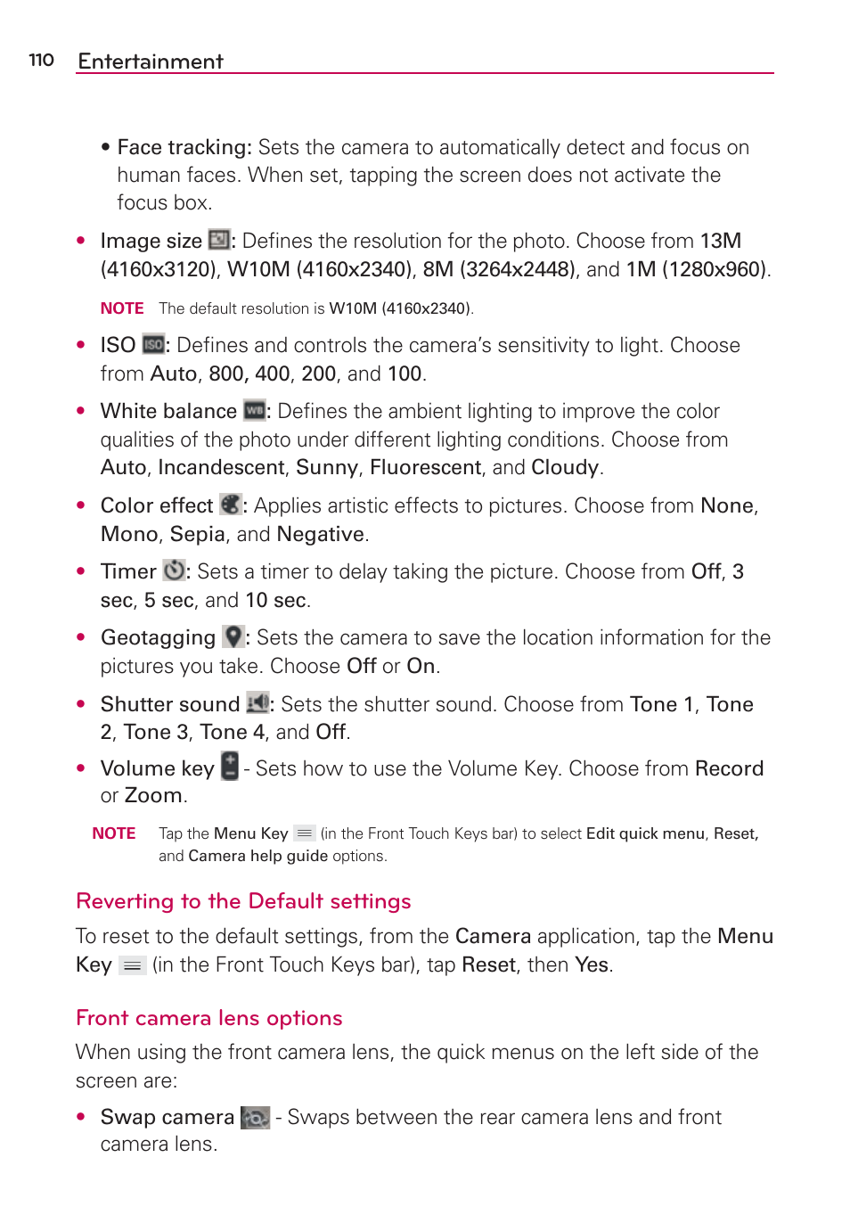 Entertainment, Reverting to the default settings, Front camera lens options | LG VS980 User Manual | Page 112 / 235