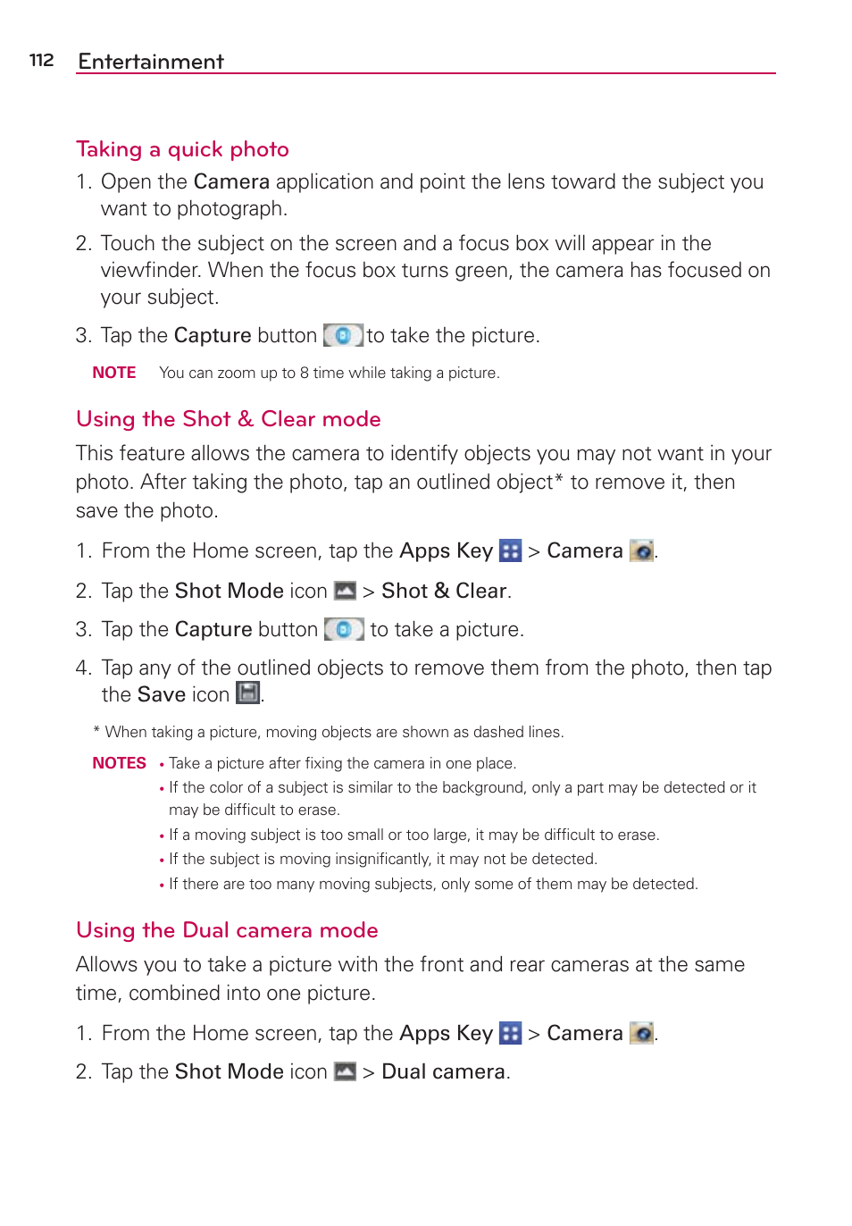 Entertainment taking a quick photo, Using the shot & clear mode, Using the dual camera mode | LG VS980 User Manual | Page 114 / 235