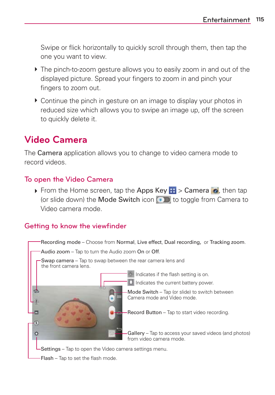 Video camera, Entertainment, Getting to know the viewﬁnder | LG VS980 User Manual | Page 117 / 235