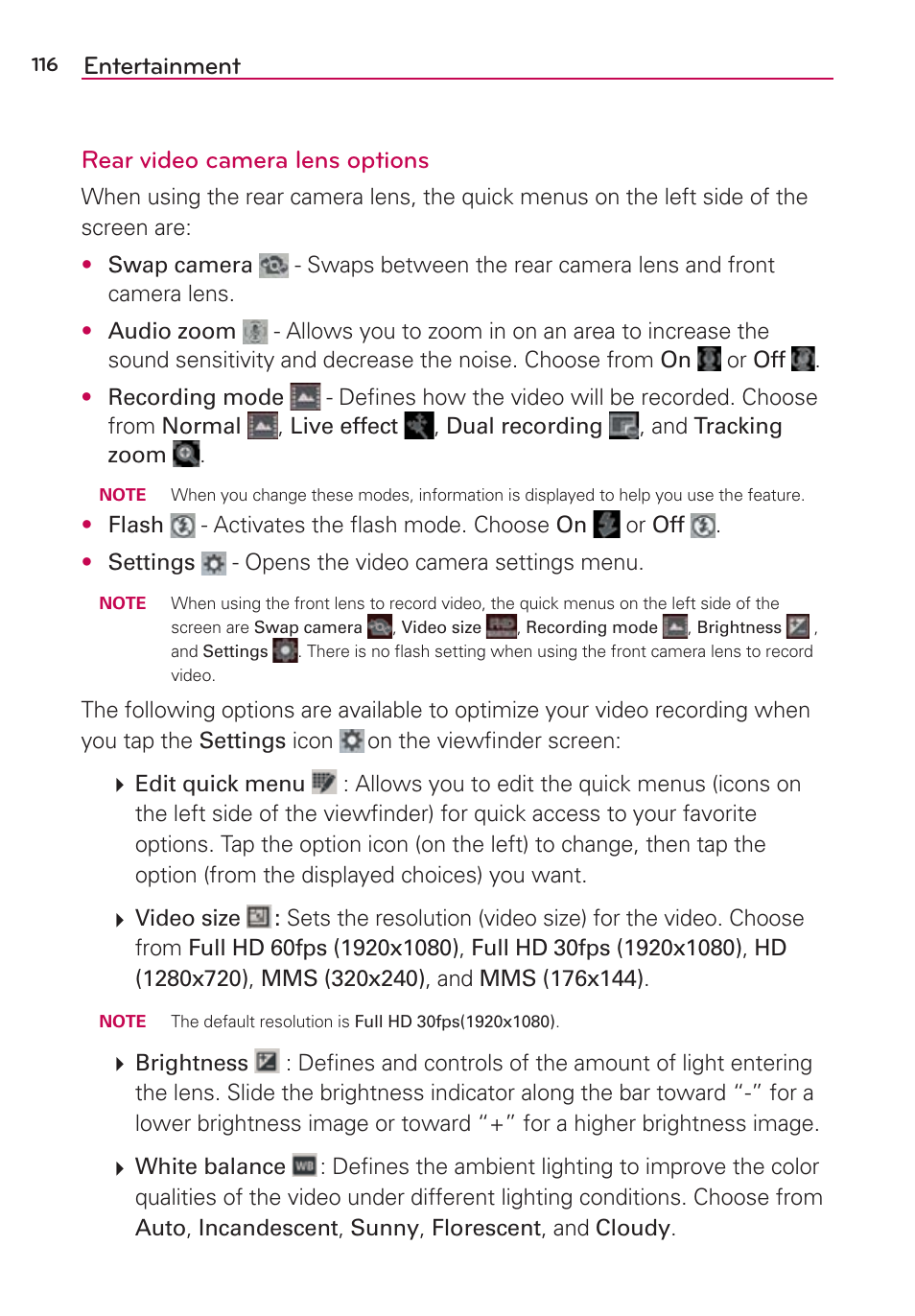 Entertainment rear video camera lens options | LG VS980 User Manual | Page 118 / 235