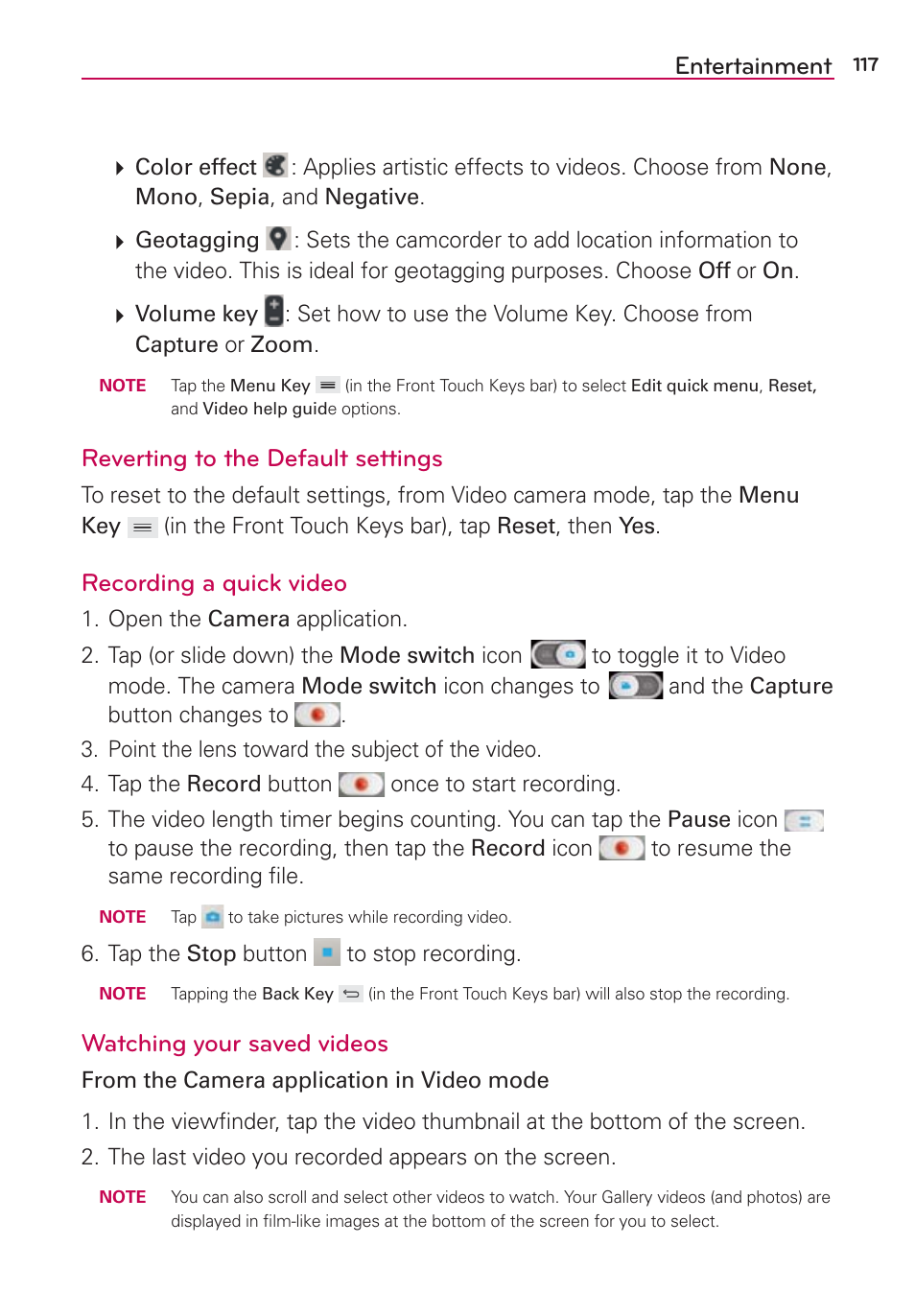 Entertainment, Reverting to the default settings, Recording a quick video | Watching your saved videos | LG VS980 User Manual | Page 119 / 235