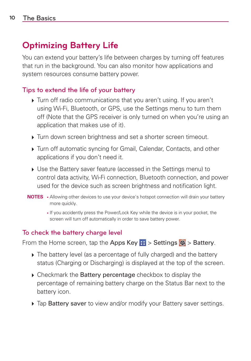 Optimizing battery life, The basics, Tips to extend the life of your battery | LG VS980 User Manual | Page 12 / 235