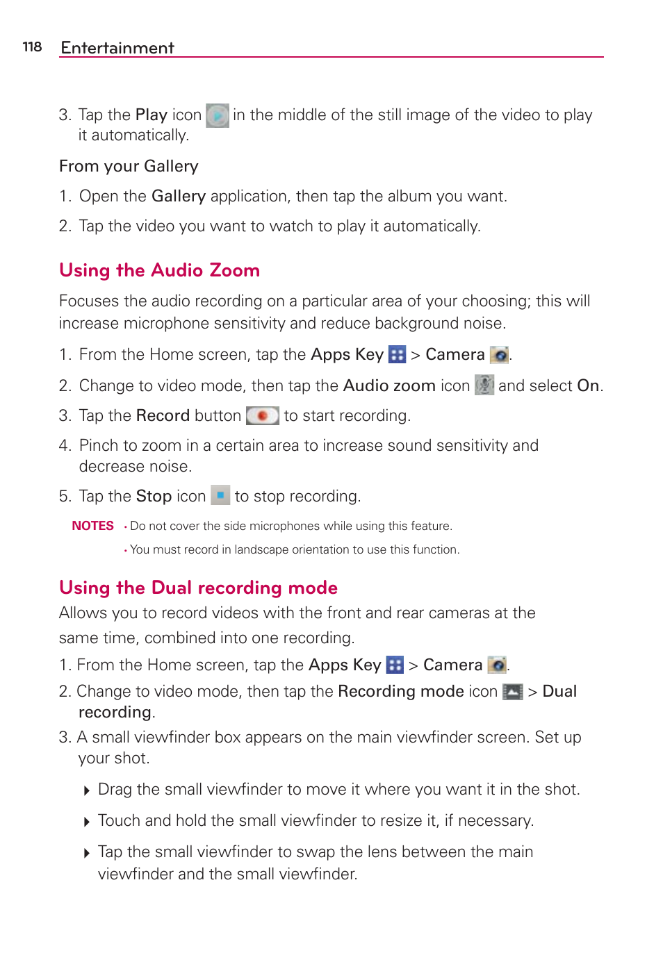 Using the audio zoom, Using the dual recording mode, Entertainment | LG VS980 User Manual | Page 120 / 235