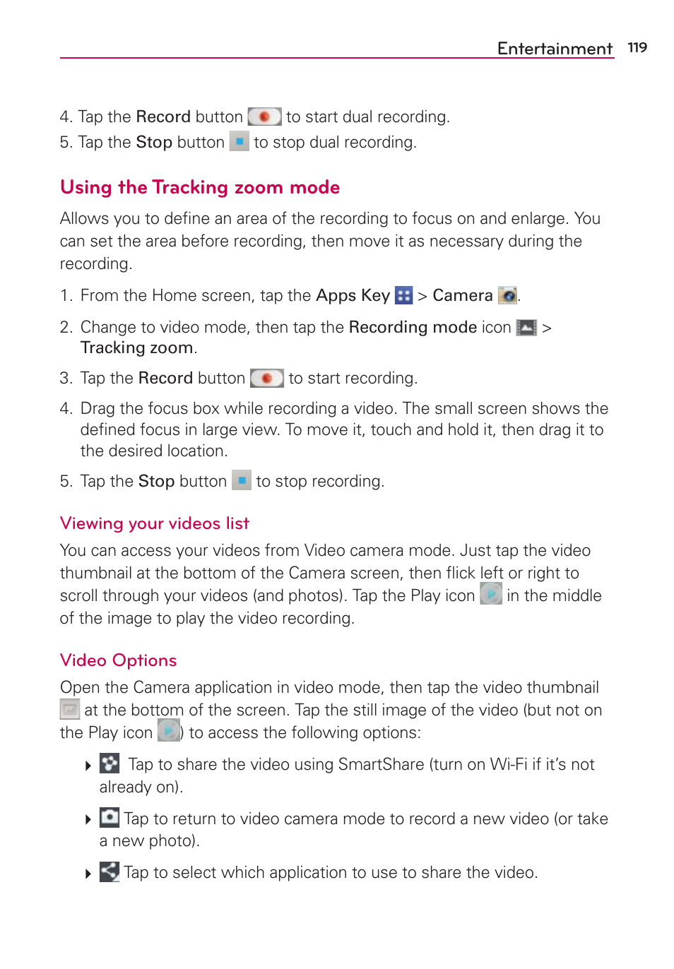 Using the tracking zoom mode | LG VS980 User Manual | Page 121 / 235