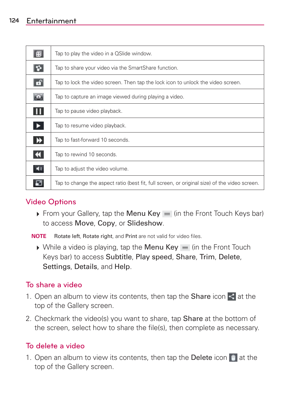 Entertainment, Video options | LG VS980 User Manual | Page 126 / 235