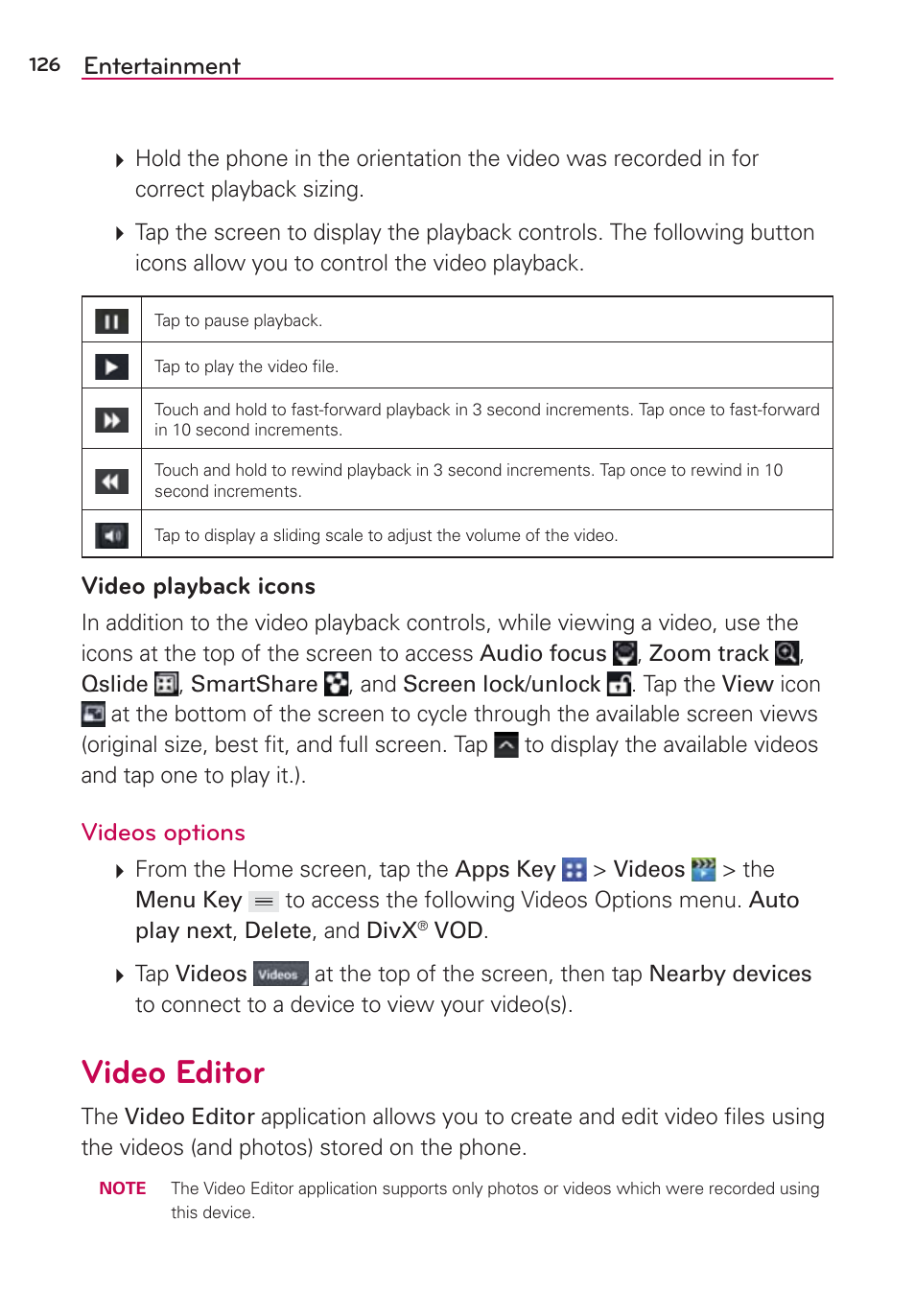 Video editor, Entertainment, Video playback icons | Videos options | LG VS980 User Manual | Page 128 / 235