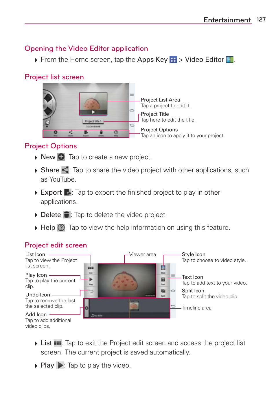 Entertainment opening the video editor application, Project list screen, Project options | Project edit screen | LG VS980 User Manual | Page 129 / 235