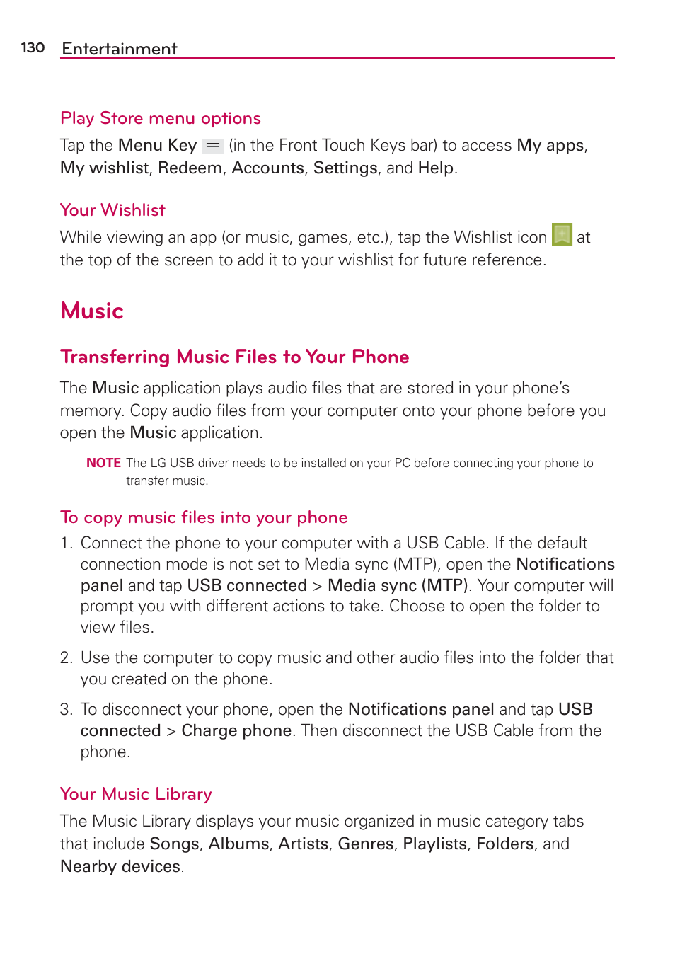 Music, Transferring music files to your phone | LG VS980 User Manual | Page 132 / 235