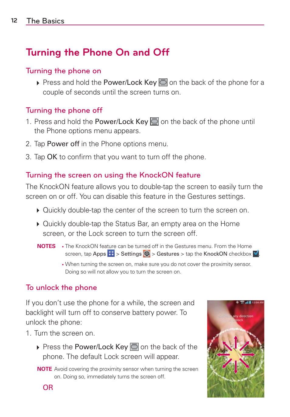 Turning the phone on and off, The basics, Turning the phone on | Turning the phone off, Turning the screen on using the knockon feature | LG VS980 User Manual | Page 14 / 235