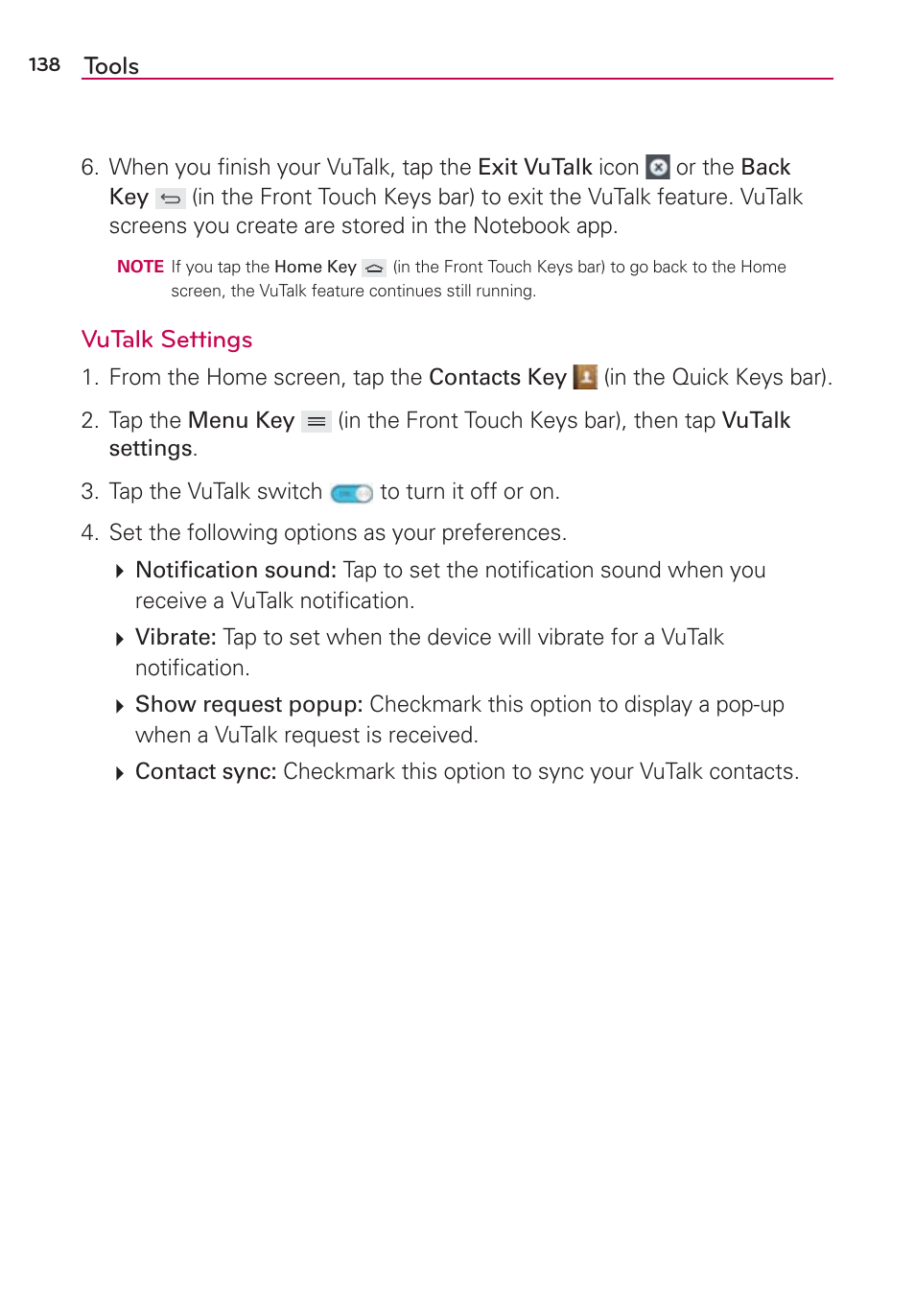 Tools, Vutalk settings | LG VS980 User Manual | Page 140 / 235