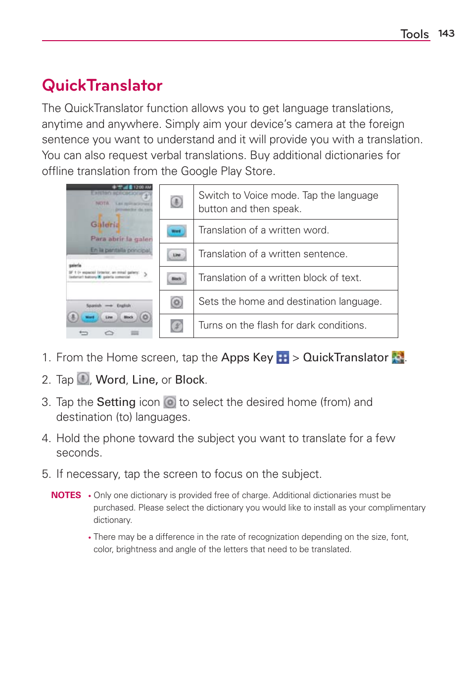 Quicktranslator, Tools | LG VS980 User Manual | Page 145 / 235