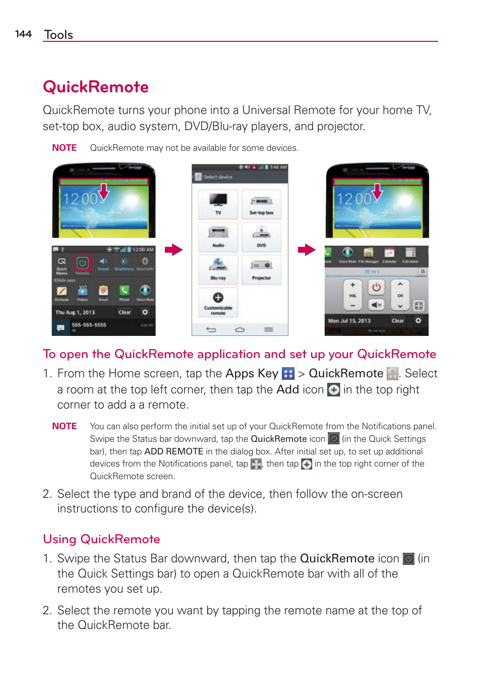 Quickremote, Tools, Using quickremote | LG VS980 User Manual | Page 146 / 235