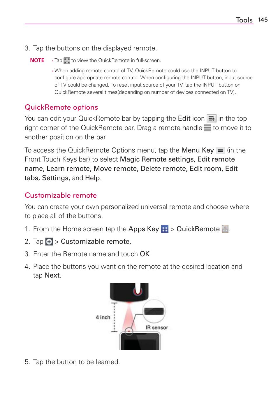 Tools, Quickremote options, Customizable remote | LG VS980 User Manual | Page 147 / 235