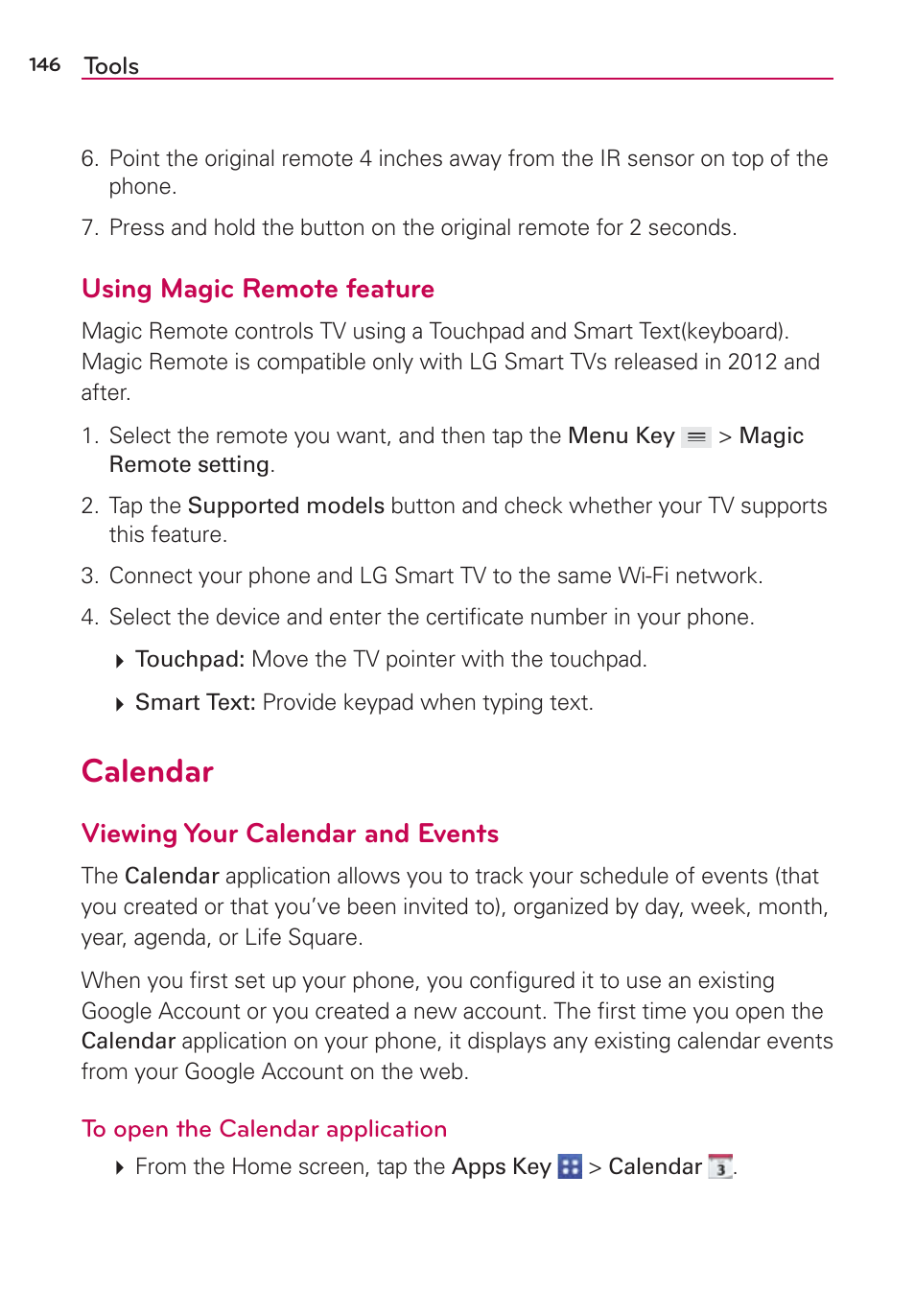 Calendar, Using magic remote feature, Viewing your calendar and events | LG VS980 User Manual | Page 148 / 235