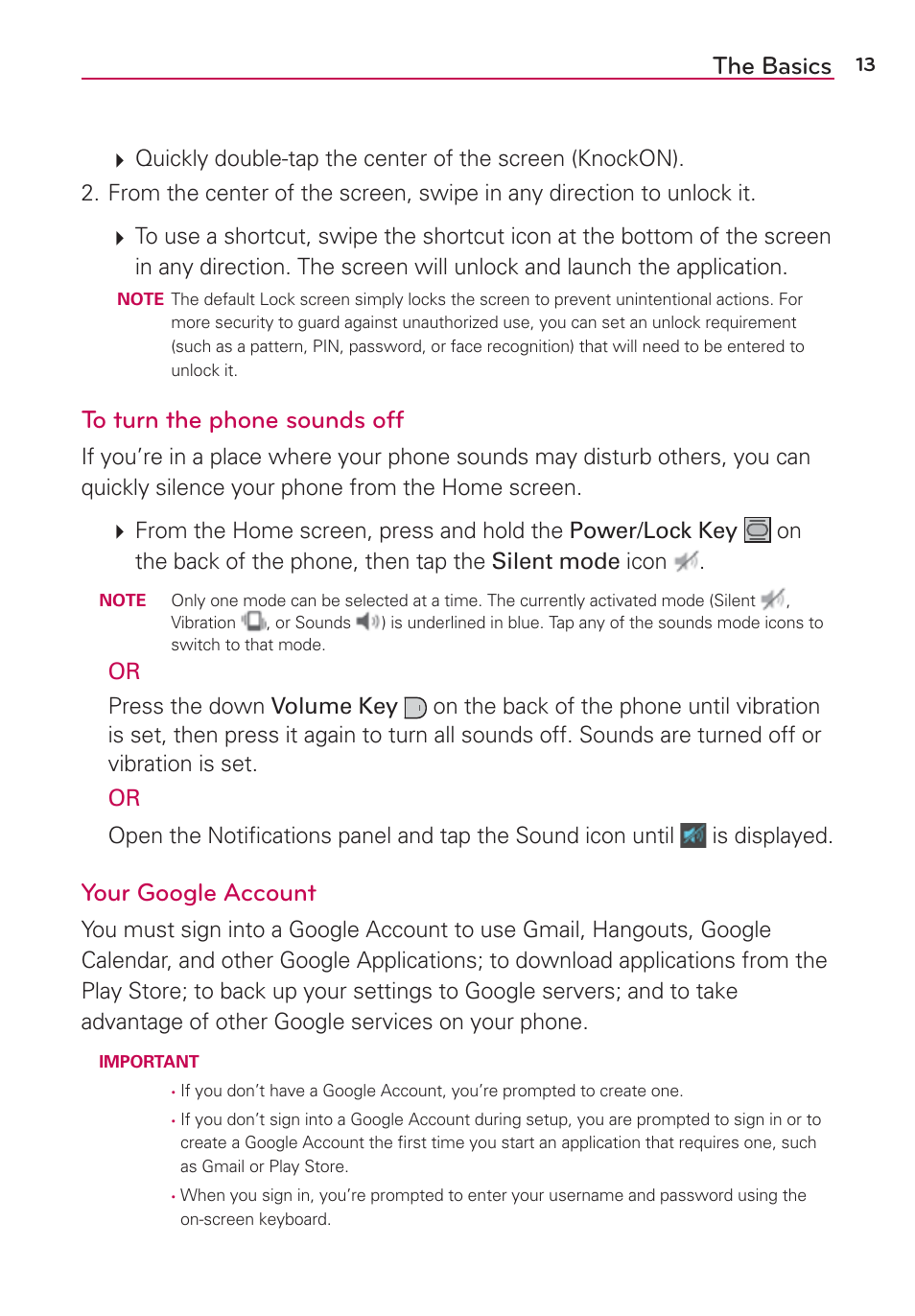 The basics, Your google account | LG VS980 User Manual | Page 15 / 235