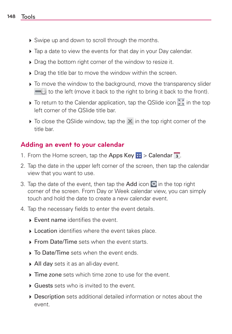 Adding an event to your calendar | LG VS980 User Manual | Page 150 / 235