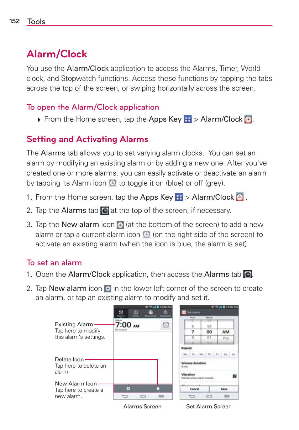 Alarm/clock, Setting and activating alarms | LG VS980 User Manual | Page 154 / 235