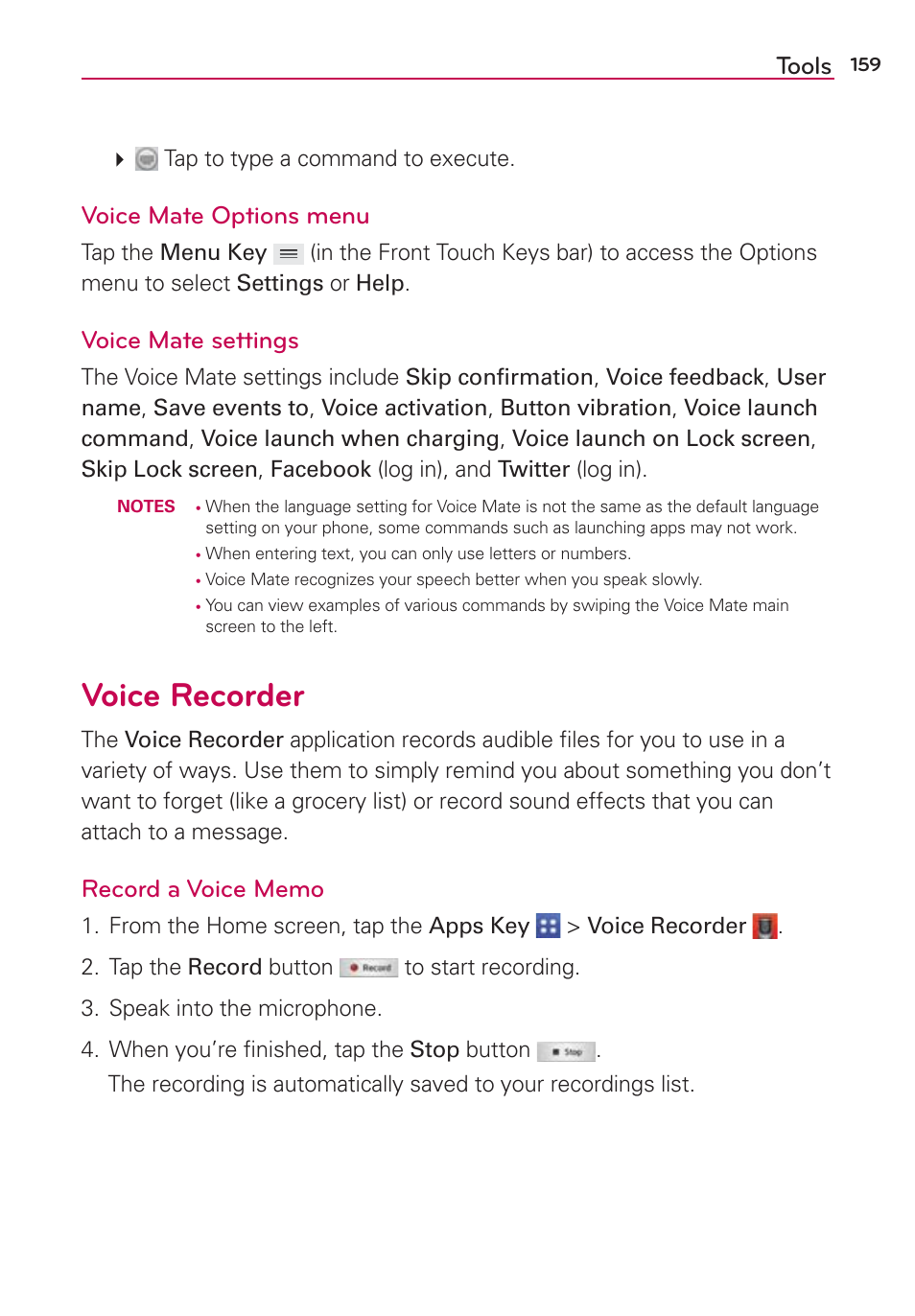 Voice recorder, Tools, Voice mate options menu | Voice mate settings, Tap to type a command to execute | LG VS980 User Manual | Page 161 / 235