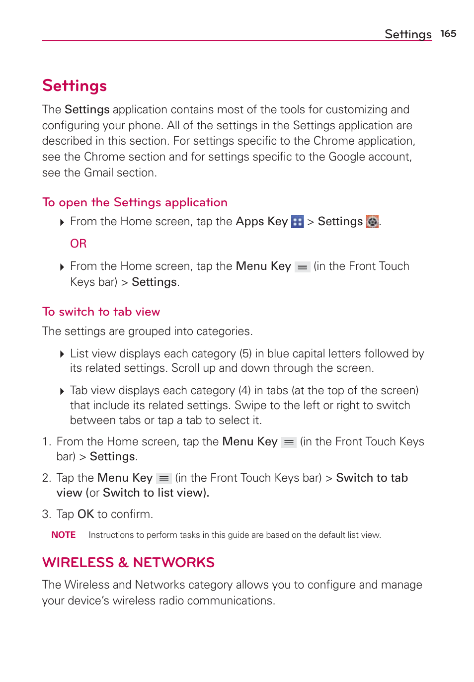 Settings, Wireless & networks | LG VS980 User Manual | Page 167 / 235