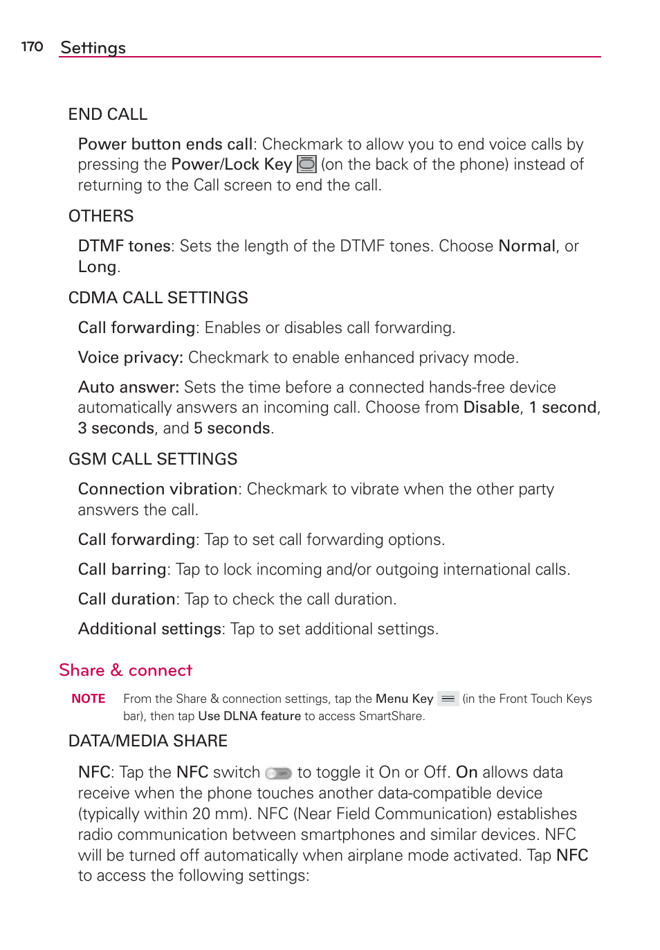 Settings, Share & connect | LG VS980 User Manual | Page 172 / 235