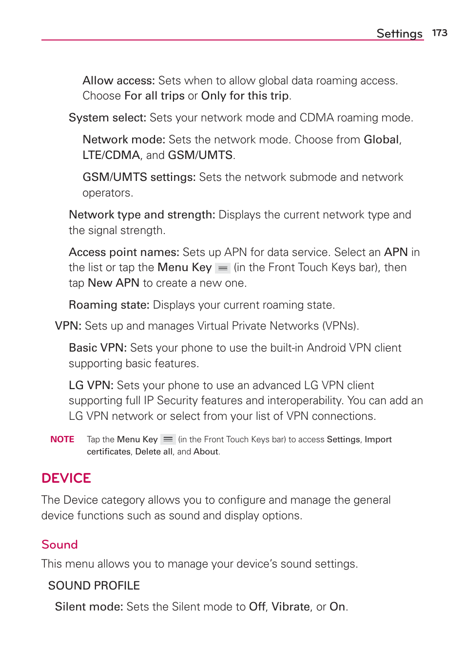 Device, Settings, Sound | LG VS980 User Manual | Page 175 / 235