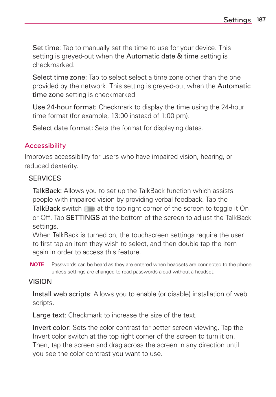 Settings, Accessibility | LG VS980 User Manual | Page 189 / 235