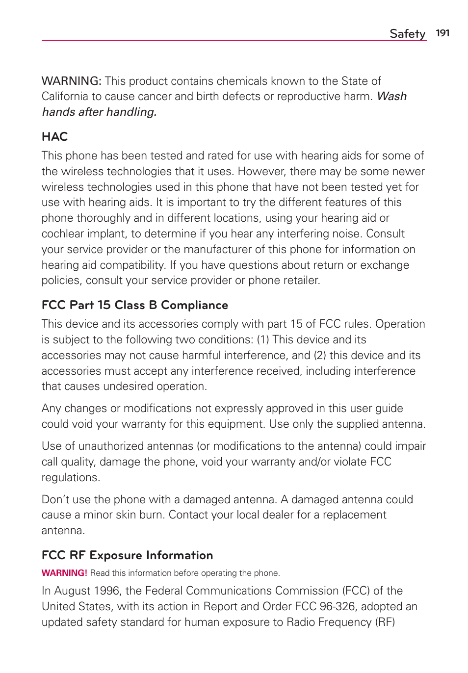 Safety | LG VS980 User Manual | Page 193 / 235