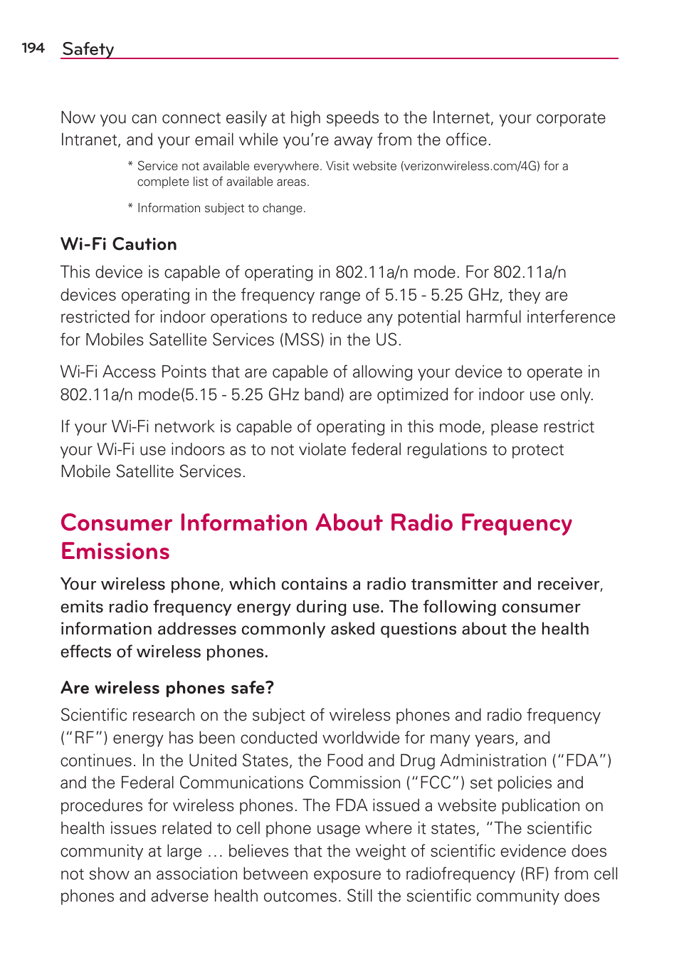 Safety, Wi-fi caution, Are wireless phones safe | LG VS980 User Manual | Page 196 / 235