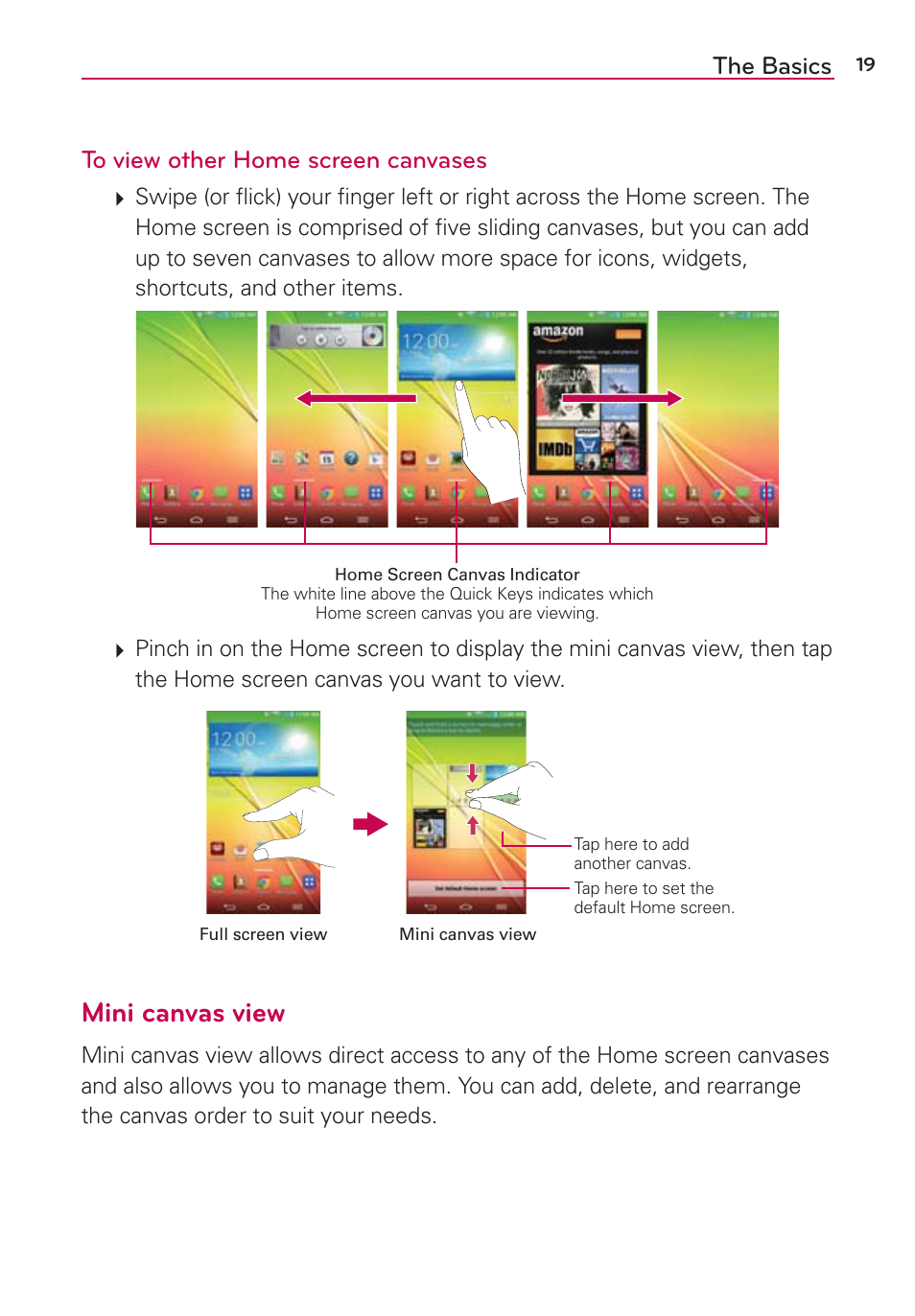 Mini canvas view, The basics to view other home screen canvases | LG VS980 User Manual | Page 21 / 235