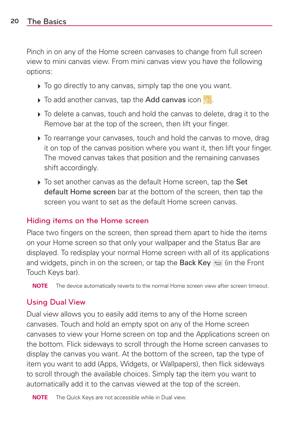 The basics, Hiding items on the home screen, Using dual view | LG VS980 User Manual | Page 22 / 235