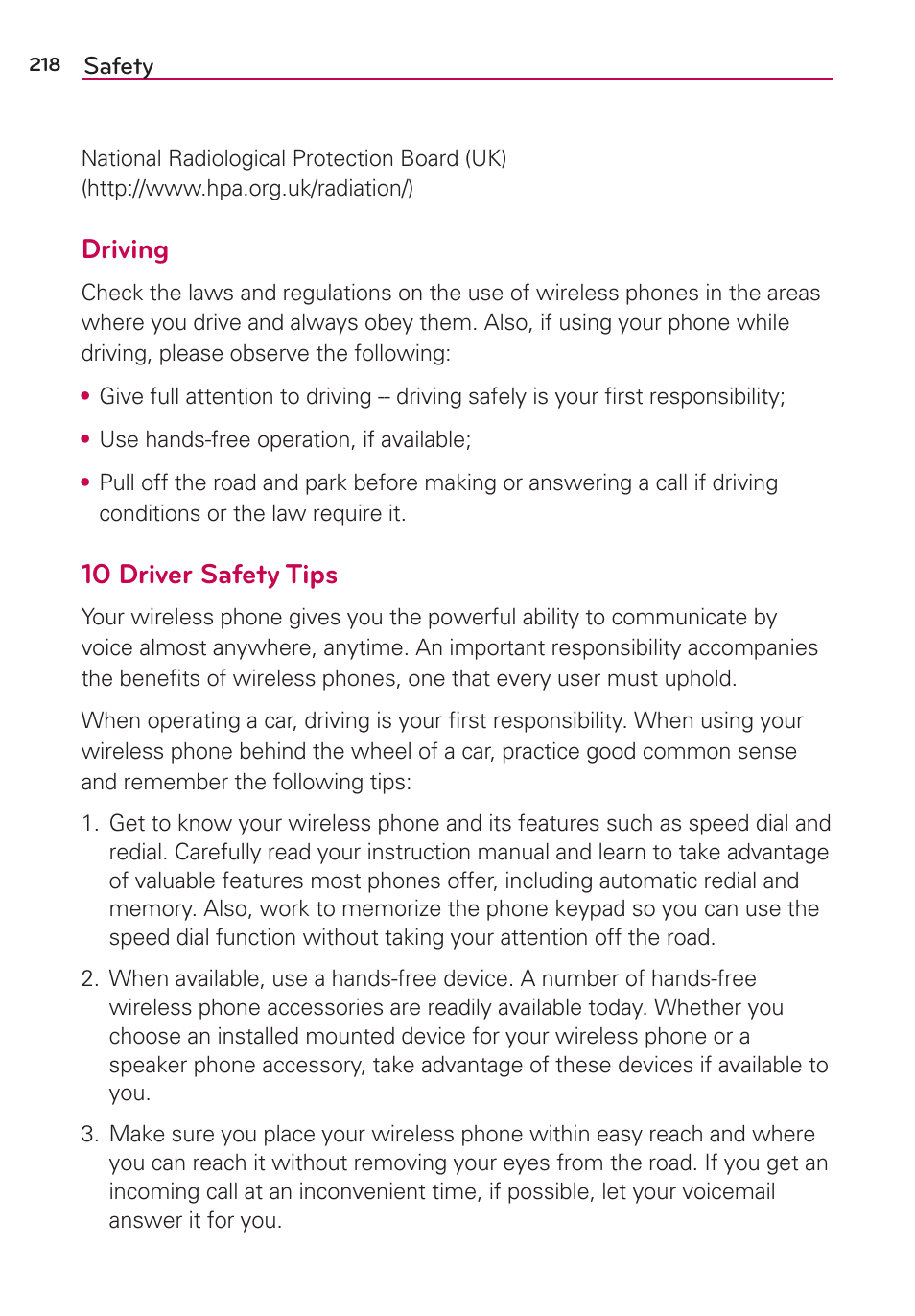 Driving, 10 driver safety tips | LG VS980 User Manual | Page 220 / 235