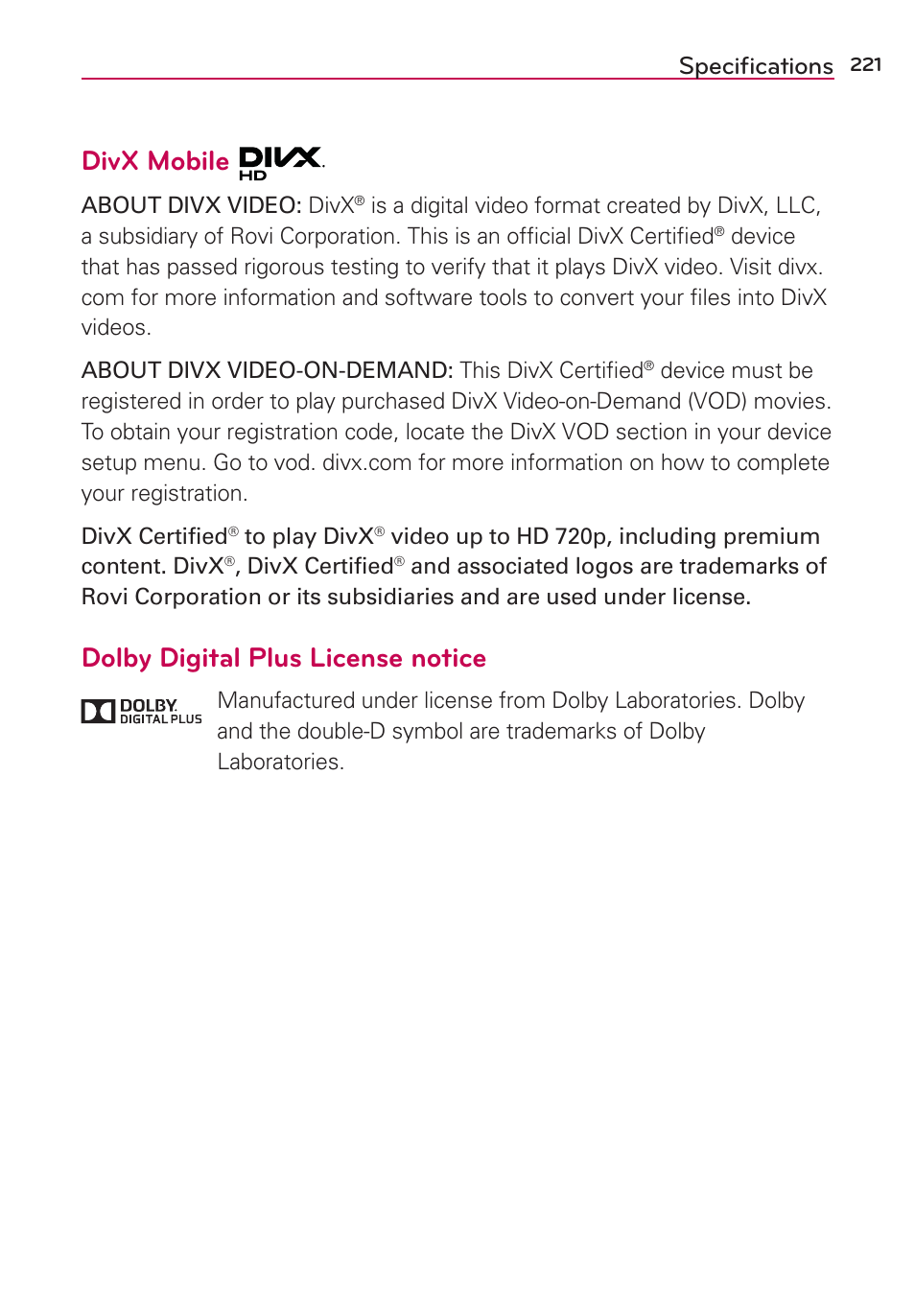 Specifications, Speciﬁcations, Divx mobile | Dolby digital plus license notice | LG VS980 User Manual | Page 223 / 235