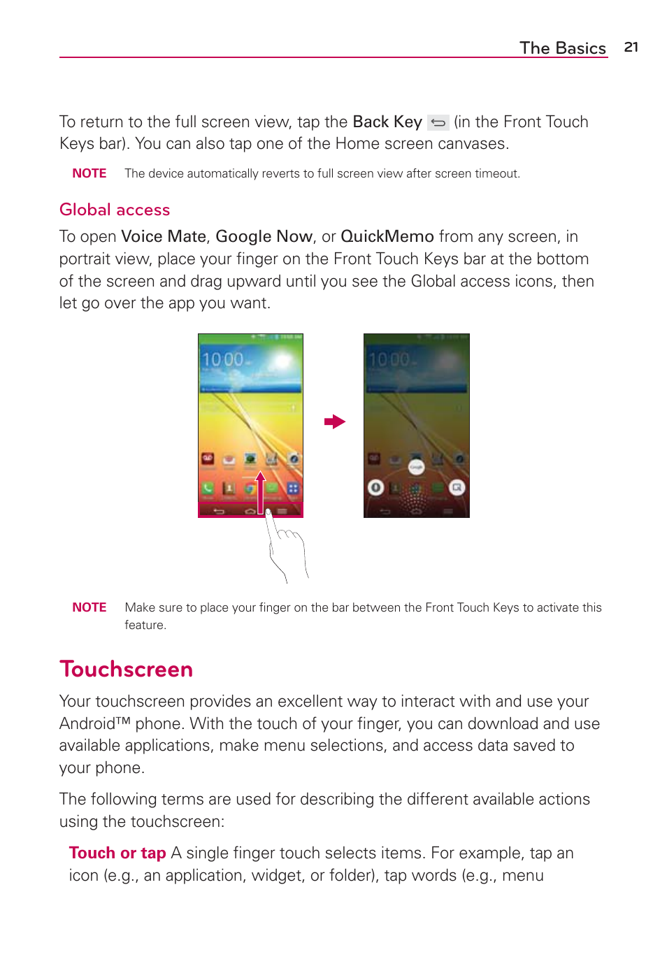 Touchscreen, The basics, Global access | LG VS980 User Manual | Page 23 / 235