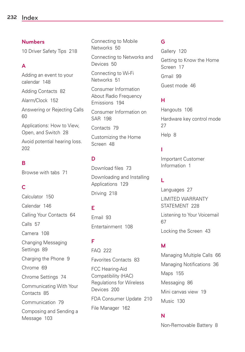 Index | LG VS980 User Manual | Page 234 / 235