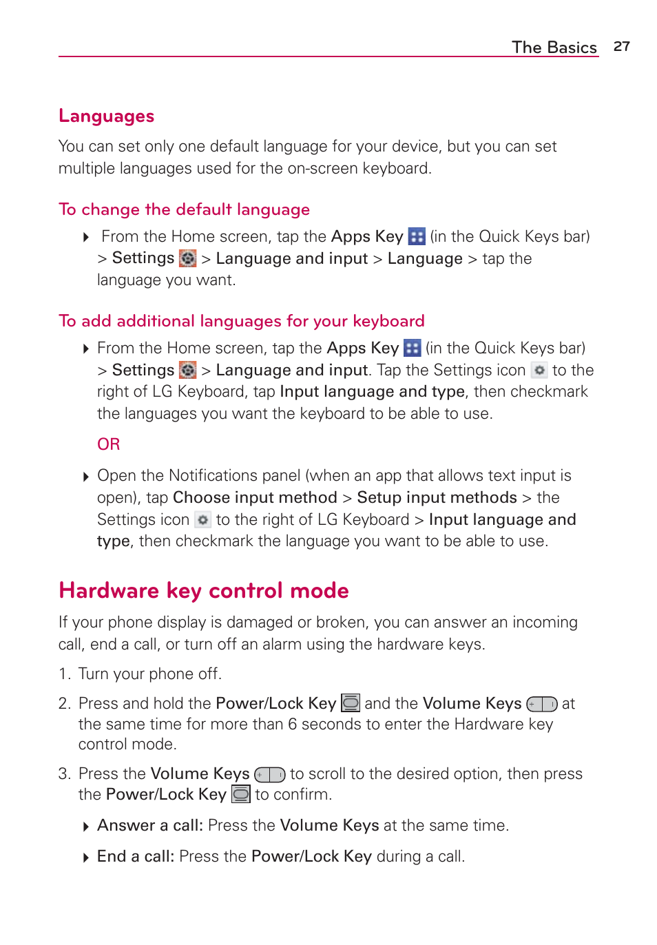 Hardware key control mode, Languages | LG VS980 User Manual | Page 29 / 235